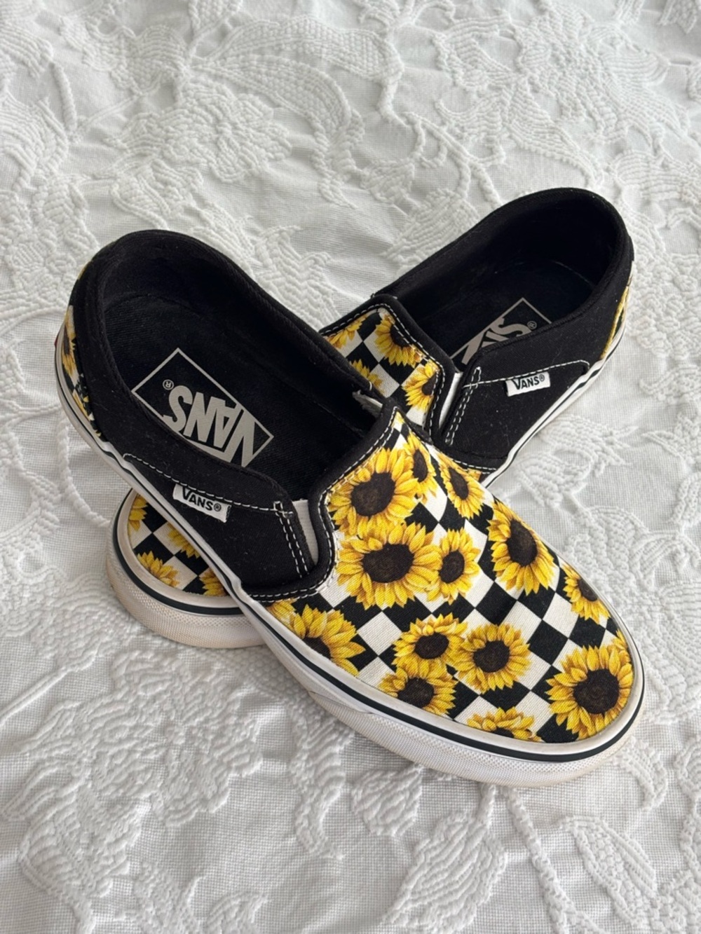 LIKE NEW!! Vans Slip-On Sunflower Checkerboard Sneakers - Black & Yellow